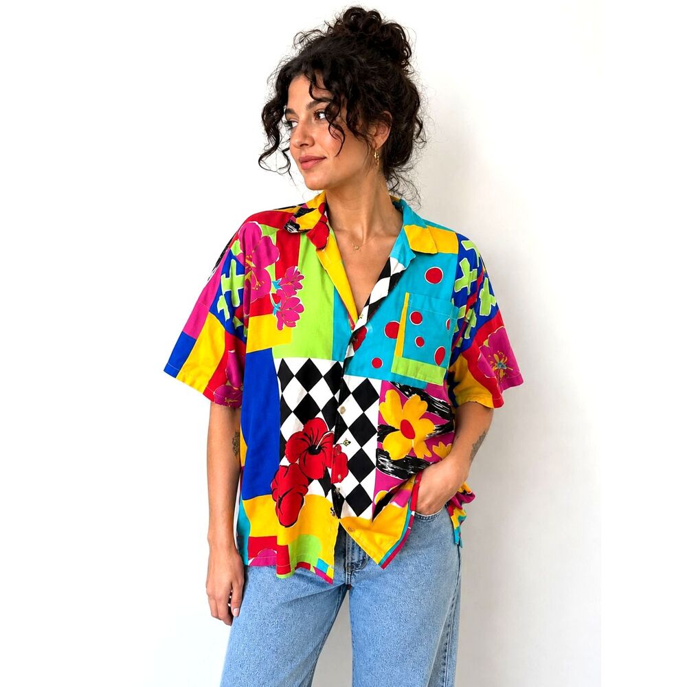 Vintage Mary Quant Patchwork Shirt Made England Colorful 80s 90s OS Unisex